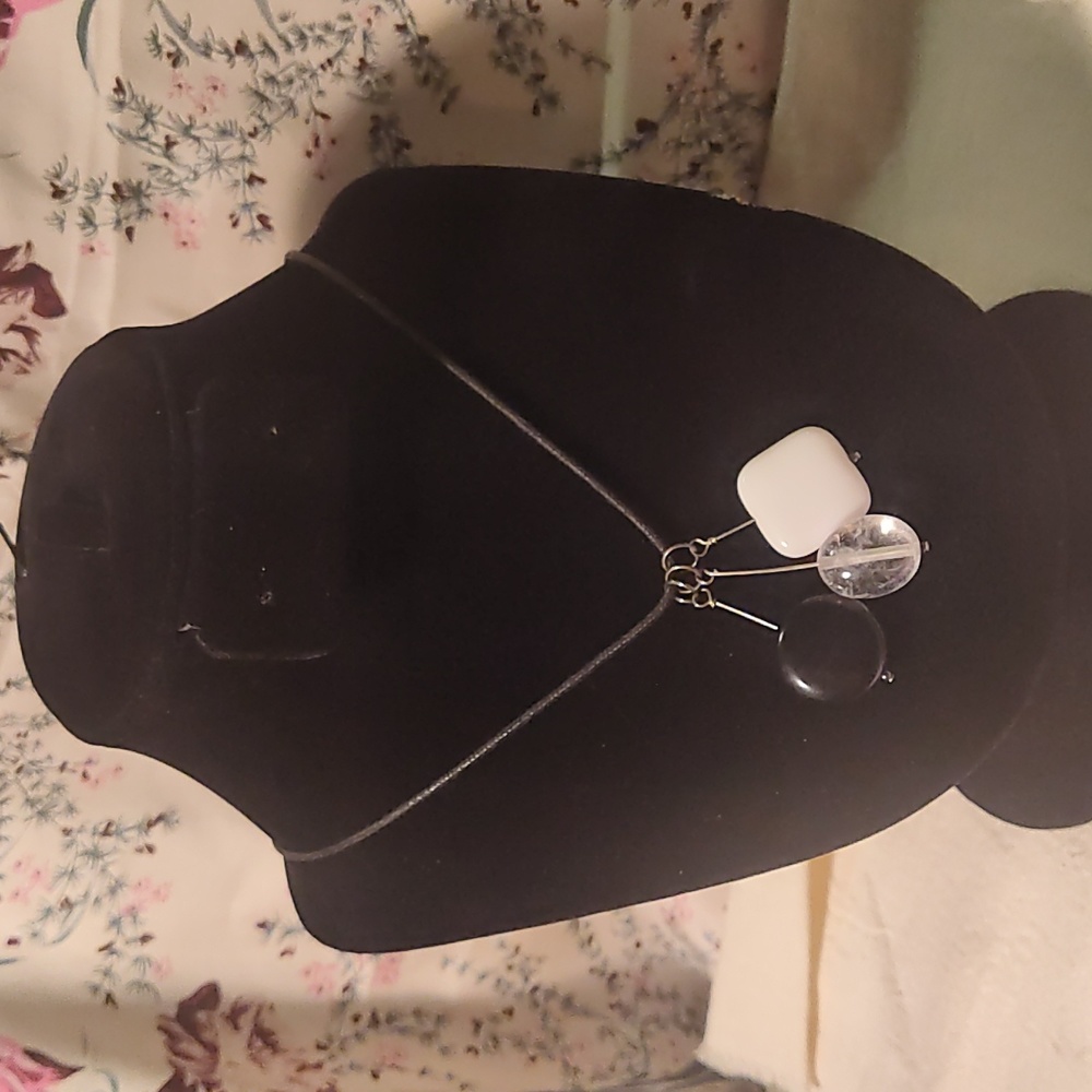 Leather necklace, clear quartz, onyx,white stone not sure, silver wire ,11 inche